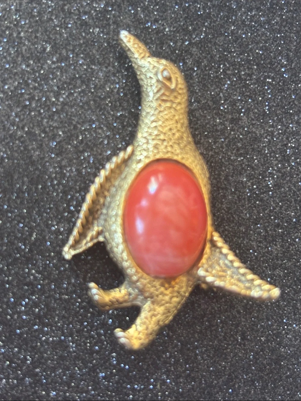 Estate Gold Penguin Brooch Coral Red jelly belly